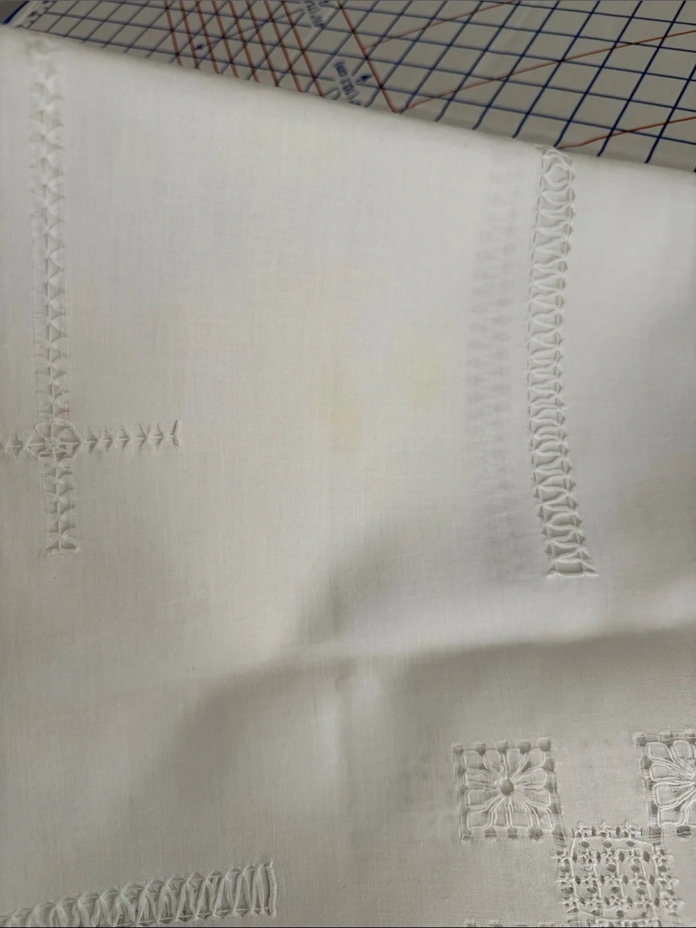 Vintage White Linen Madeira Style Table Topper 34 x 32 Drawn Thread Cutwork